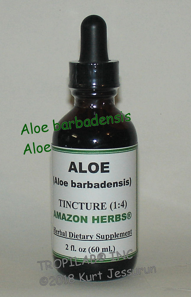 Aloe species - Aloe tincture only for US$18.65 per 2 fl oz.
Used for skin irritations (psoriasis), preventing irritation and against injury from radiation, herpes, wound healing, 
periodontal use. For diabetes & blood sugar control, mouth and stomach ulcers, cholesterol lowering, for immune system support and inflammatory bowel disease (IBD).