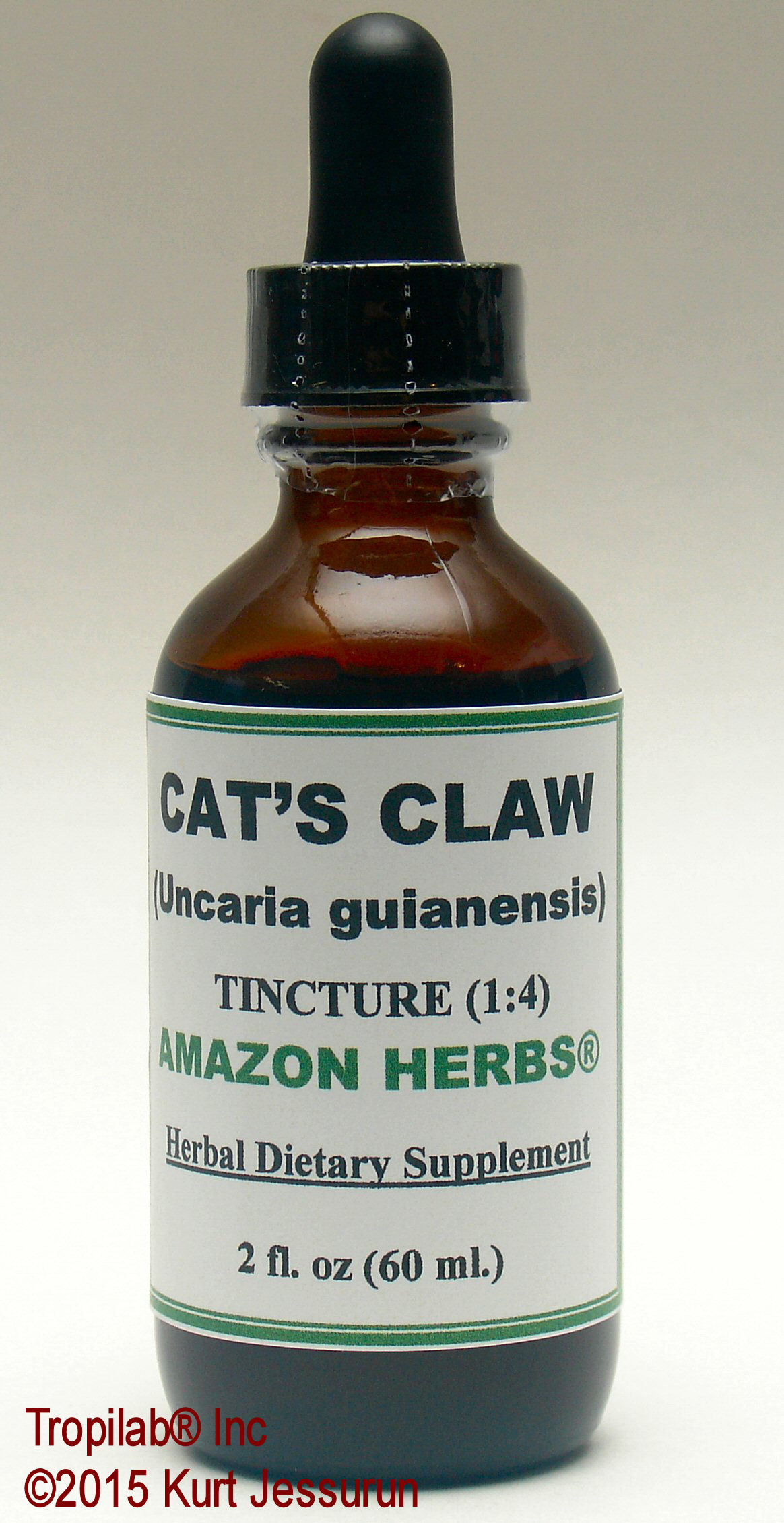 Uncaria guianensis, Cat's claw tincture only for US$20.45 per 2 fl oz. Used for arthritis and rheumatism, as well as for other types 
of inflammatory stomach and bowel disorders. Various phytochemicals that Cat's claw contains, are known to promote loss of
 water from the body, relax smooth muscles, and widen small blood vessels in the hands and feet. All these effects may help to lower blood pressure.