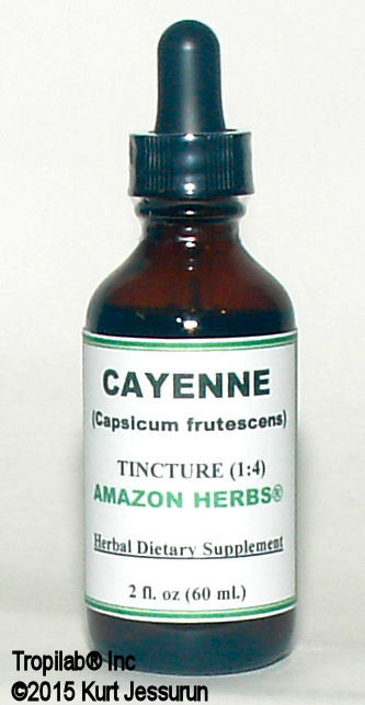 Cayenne pepper, Capsicum fruticosum tincture only for US$28.00 per 2 fl oz. It is helpful for conditions of the gastrointestinal 
tract, such as stomach aches, cramping pains, and gas. Also frequently used to treat diseases of the circulatory system. Used 
against psoriasis. Also effective against post-herpetic neuralgia caused by shingles, herpes zoster.