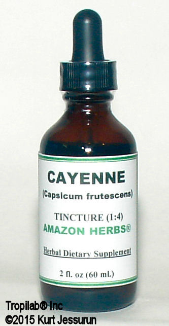 Capsicum fruticosum, Cayenne peper tinctuur slechts voor US$28.00 per 60 ml. Het is zeer nuttig tegen aandoeningen van het  
maagdarmkanaal, zoals maagpijn, krampen en gasophoping. Het wordt ook gebruikt om ziekten betreffende de bloedsomloop te
behandelen; het is effectief tegen psoriasis en postherpetische zenuwpijnen, veroorzaakt door gordelroos, herpes zoster.