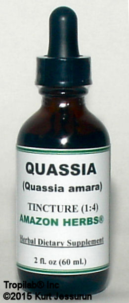 Quassia amara tincture, only for US$18.65 per 2 fl oz. Quassia is used to treat nausea (stomach upset), loss of appetite, worm- and
 parasite infections as well parasite- and bacterial infections in the liver. it is also used for carcinoma, debility, dyspepsia, gout,
 fever, heptoses, hyperglycemia, malaria, snakebite and spasms.