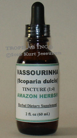 Scoparia dulcis-Vassourinha (Broom weed) tincture only for US$18.65 per 2 fl oz. Vassourinha inhibits tumors, is anti-viral, reduces
 inflammation, reduces swellings and pain. Also used as a blood purifier and for liver - and stomach disorders, hypoglycemic
 properties. Very effective in treatment of diabetes.