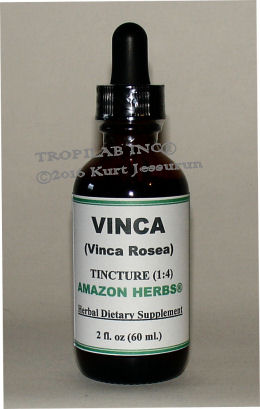 Vinca rosea-Periwinkle tincture only for US$18.65 p/2 fl oz. Vinca is used in the pharmaceutical industry for the treatment of
 childhood leukemia, Hodgkin�s disease, testicular cancer and cancerous tumors. Taken as a daily herbal supplement, it improves
 the blood supply to the brain, increases oxygen and glucose for the brain to use; it helps prevent abnormal coagulation of blood.